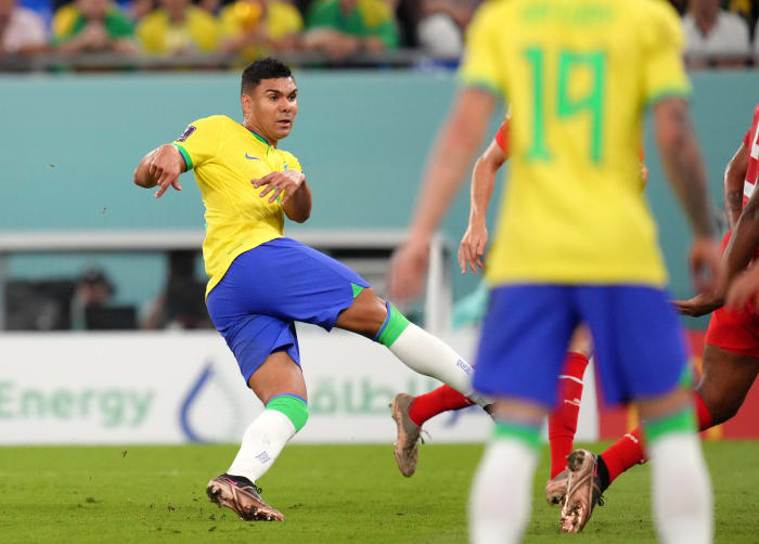 Casemiro pictured shooting to score for Brazil in their 1-0 win over Switzerland at the 2022 FIFA World Cup in Qatar